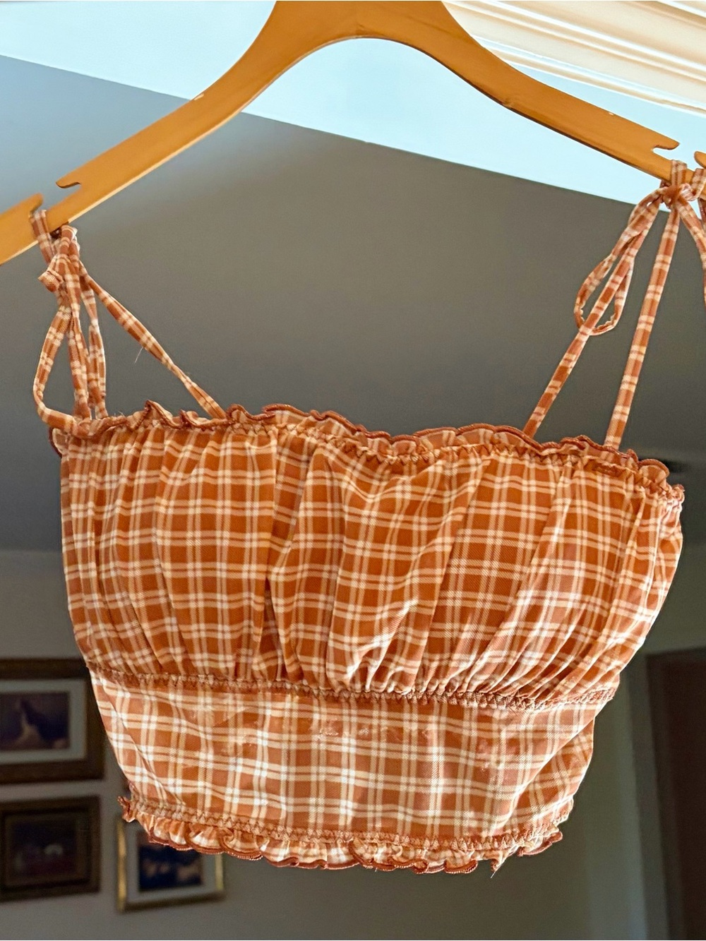 Gilly Hicks Rust Plaid Smocked Crop Top with Ruffle Trim